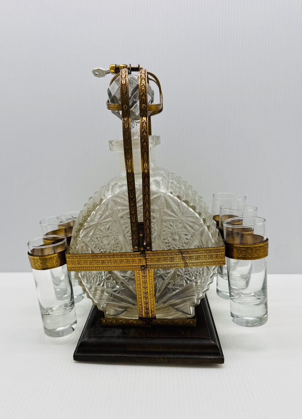 Vintage Cut Glass Decanter Set Brass Holder 6 Shot Glasses Wooden Base Barware